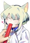  1boy alternate_costume animal_ears ascot blonde_hair blue_collar cat_boy cat_ears ciao_churu closed_eyes collar eating heart highres lio_fotia male_focus otoko_no_ko pet_food promare rinno_promare shirt short_hair simple_background solo_focus white_ascot white_background white_shirt 