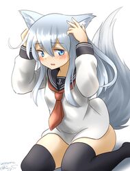  1girl anchor_symbol animal_ears black_sailor_collar black_thighhighs blue_eyes fox_ears fox_tail grey_hair hibiki_(kancolle) kantai_collection kemonomimi_mode long_hair long_sleeves neckerchief no_pants one-hour_drawing_challenge ray.s red_neckerchief sailor_collar sailor_shirt school_uniform serafuku shirt simple_background sitting solo tail thigh-highs wariza white_background 