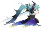  1girl aqua_eyes aqua_hair artist_name closed_mouth comfeer dragon_miku_(project_voltage) frown hair_bun hatsune_miku long_hair multicolored_hair pokemon project_voltage simple_background solo spiky_hair twintails two-tone_hair vocaloid white_background white_hair 