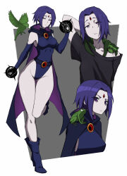  1boy 1girl beast_boy_(dc) bird black_shirt cape dc_comics ferret forehead_jewel frog kekel leotard purple_cape purple_hair purple_leotard raven_(dc) teen_titans violet_eyes white_background white_skin 