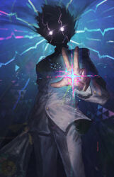  1boy absurdres black_hair bouquet buttoned_cuffs buttons eyes_in_shadow franlol glowing glowing_eyes highres holding holding_bouquet jacket kageyama_shigeo long_sleeves male_focus mob_psycho_100 pants psychic salt_middle_school_uniform school_uniform shaded_face short_hair solo 