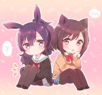  2girls :o ? animal_ears asahina_mafuyu black_footwear black_jacket black_pantyhose blue_skirt blush bow braid brown_background brown_eyes brown_hair brown_pantyhose brown_sweater cat_ears cat_girl cat_tail chibi closed_mouth diagonal-striped_bow gradient_background grey_serafuku grey_shirt grey_skirt hair_between_eyes hair_over_shoulder highres hugging_own_legs jacket kemonomimi_mode knees_up loafers long_hair long_sleeves looking_at_viewer multiple_girls neckerchief notice_lines open_clothes open_jacket outline pantyhose parted_lips pink_background pleated_skirt ponytail project_sekai puffy_long_sleeves puffy_sleeves purple_hair rabbit_ears rabbit_girl rabbit_tail red_bow red_neckerchief sailor_collar school_uniform serafuku shinonome_ena shirt shoes sitting skirt sorimachi-doufu spoken_blush spoken_question_mark sweater tail violet_eyes white_outline white_sailor_collar 