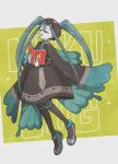  1girl :o black_pantyhose blue_hair blue_wings book brown_dress brown_headwear brown_necktie bug_miku_(project_voltage) character_name closed_eyes commentary_request domidomi444 dress fake_wings full_body hair_between_eyes hair_through_headwear hat hatsune_miku highres holding holding_book long_hair long_sleeves music necktie open_mouth pantyhose pokemon project_voltage shoes singing solo standing twintails very_long_hair vocaloid wings 