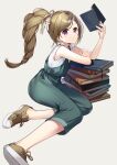  1girl arm_support blush bon_(bonbon315) book book_stack bow brown_hair full_body grey_overalls hair_bow hand_up high_ponytail highres holding holding_book long_hair looking_at_viewer original overalls shirt shoes simple_background sitting solo violet_eyes white_shirt 