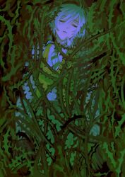  1boy collared_shirt diagonal-striped_clothes diagonal-striped_necktie fsyoau green_vest grey_hair hair_between_eyes highres male_focus necktie night_raven_college_uniform parted_lips plant school_uniform shirt short_hair silver_(twisted_wonderland) sleeping solo striped_clothes thorns trapped twisted_wonderland vest vines wrapped_up 