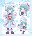  1girl absurdres blue_archive blush closed_mouth green_eyes green_hair highres long_hair looking_at_viewer lumi_snowfall momiji_(blue_archive) multiple_views open_mouth smile snowflakes 