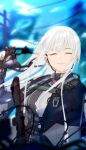  1girl ak-12 ak-12_(girls&#039;_frontline) assault_rifle black_gloves blurry blurry_background closed_eyes commentary earphones english_commentary girls_frontline gloves gun highres holding holding_gun holding_weapon jacket kalashnikov_rifle long_hair outdoors partially_fingerless_gloves removing_mask rifle samsam_s2s smile solo tactical_clothes upper_body weapon white_hair 