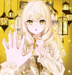  1girl blonde_hair frilled_sleeves frills gyuentec highres lantern long_hair long_sleeves open_mouth original solo yellow_eyes yellow_nails yellow_theme yellow_veil 