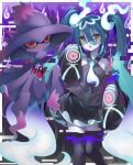  1girl aqua_hair bare_shoulders black_thighhighs detached_sleeves ghost ghost_miku_(project_voltage) glitch gradient_hair grey_shirt gunjou_row hair_between_eyes hatsune_miku highres long_hair mismagius multicolored_hair necktie pale_skin pokemon pokemon_(creature) project_voltage see-through see-through_skirt shirt skirt sleeves_past_fingers sleeves_past_wrists thigh-highs twintails very_long_hair vocaloid will-o&#039;-the-wisp_(mythology) yellow_eyes 