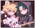  1girl 2boys aether_(genshin_impact) ahoge animal_ears animal_hands bead_necklace beads black_cape black_gloves blonde_hair blue_eyes cape cat_ears closed_mouth facial_mark forehead_mark genshin_impact gloves green_hair happy_halloween hood hood_up hooded_cape jewelry long_sleeves looking_at_viewer multiple_boys necklace nploser paimon_(genshin_impact) parted_bangs paw_gloves white_hair xiao_(genshin_impact) xiao_(halloween)_(genshin_impact) yellow_eyes 