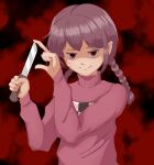  1girl absurdres brown_hair garret_(broadheadarrow) highres holding holding_knife knife looking_at_viewer madotsuki pink_sweater sweater twintails yume_nikki 