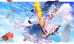  1girl absurdres arm_up bird blue_hair blue_skirt blue_sky bow bowtie clouds dove feet_out_of_frame food frilled_skirt frills fruit highres hinanawi_tenshi keystone long_hair looking_at_viewer outdoors parted_lips peach peach_hat_ornament pfallen rainbow_order red_bow red_bowtie signature skirt sky smile solo sword_of_hisou touhou 