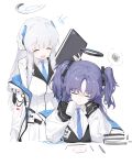  2girls arona&#039;s_sensei_doodle_(blue_archive) black_gloves blue_archive blue_necktie breasts closed_eyes closed_mouth collared_shirt countryman_(artist) cup gloves grey_hair halo headphones highres holding holding_cup id_card jacket large_breasts long_hair long_sleeves mechanical_halo multiple_girls necktie noa_(blue_archive) open_mouth purple_hair sensei_(blue_archive) shirt simple_background smile spoken_squiggle squiggle suit two-sided_fabric two-sided_jacket two_side_up white_background white_jacket white_shirt yuuka_(blue_archive) 