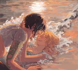  1boy 1girl absurdres alternate_costume beach black_hair blonde_hair boy_on_top closed_eyes couple genshin_impact hetero highres lumine_(genshin_impact) outdoors peatchoune short_hair smile sunset tattoo wet wet_clothes xiao_(genshin_impact) 