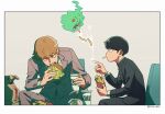  2boys black_eyes black_hair blonde_hair burger chopsticks food grey_jacket jacket kageyama_shigeo long_sleeves mob_psycho_100 multiple_boys reigen_arataka school_uniform short_hair sima_sea simple_background 