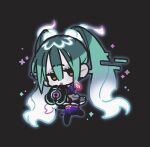  1girl :o black_background black_sleeves black_thighhighs blue_hair chibi full_body ghost_miku_(project_voltage) glitch glowing gradient_hair grey_shirt hair_between_eyes hands_up hatsune_miku highres long_hair looking_at_viewer multicolored_hair open_mouth pale_skin platinum_(o0baijin0o) pokemon print_sleeves project_voltage see-through see-through_skirt shirt skirt solo sparkle thigh-highs twintails very_long_hair vocaloid white_hair will-o&#039;-the-wisp_(mythology) yellow_eyes 