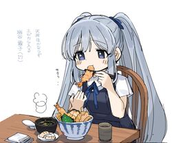  1girl black_dress blue_ribbon blush_stickers bowl chopsticks cup dot_nose dress eating grey_hair hair_ribbon highres holding holding_chopsticks idolmaster idolmaster_shiny_colors long_hair looking_at_another ribbon shirt short_sleeves sidelocks sitting solo spawnfoxy steam table translation_request twintails upper_body violet_eyes white_background white_shirt wooden_chair wooden_table yukoku_kiriko 