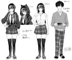  1boy 1girl absurdres animal_hood black_hair black_thighhighs breasts cellphone full_body hair_between_eyes hair_over_shoulder hajirau_kimi_ga_mitainda highres holding holding_phone honjou_kaho hood iphone large_breasts long_hair mole mole_under_mouth necktie phone plaid plaid_skirt pleated_skirt prototype_design reference_sheet school_uniform shirasawa_akito sketch skindentation skirt slippers smartphone smile thigh-highs uma_raclette 