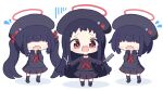  3girls alternate_hairstyle beret black_choker black_headwear black_serafuku blue_archive blue_hair chibi choker dark_blue_hair faceless faceless_female flying_sweatdrops full_body hair_brush halo hat holding holding_hair_brush holding_scissors justice_task_force_member_(blue_archive) long_hair looking_at_viewer multiple_girls open_mouth pleated_skirt red_eyes red_halo school_uniform scissors serafuku short_hair simple_background skirt straight_hair tears twintails umihio very_long_hair white_background 