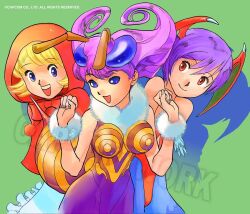  1998 3girls animal_print antennae apron arms_up arthropod_girl b.b._hood bare_shoulders bat_print bat_wings bee_costume bee_girl bee_print bengus blonde_hair blue_eyes blue_pantyhose blue_sclera blush bracelet breasts capelet check_translation clothing_cutout collarbone colored_sclera commentary cowboy_shot darkstalkers demon_girl diamond_cutout dress extra_eyes facing_viewer frilled_apron frills fur_bracelet fur_collar fur_trim green_background hair_between_eyes happy head_wings highleg highleg_leotard hood hood_up insect_wings jewelry leotard lilith_(darkstalkers) long_hair looking_at_another medium_breasts medium_hair monster_girl multiple_girls official_art open_mouth pantyhose print_pantyhose purple_hair purple_leotard purple_pantyhose q-bee red_eyes red_hood red_leotard red_skirt red_wings short_hair simple_background skirt small_breasts smile solo strapless strapless_leotard translation_request watermark white_apron white_background wings yellow_leotard 