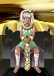  1girl asatsuki_(cookie) aztec aztec_calendar blue_eyes bob_cut breasts cookie_(touhou) dark_skin dress facepaint full_body green_skirt green_tube_top green_vest grey_hair hairband highres jewelry looking_at_viewer medium_bangs niconico pastel_(draque_kenkouhou) shirt short_hair skirt stone_mask_(jojo) strapless touhou tube_top vest white_hair 