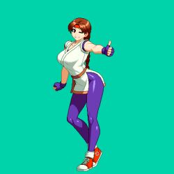  1girl aoi_ship braid breasts brown_eyes brown_hair fingerless_gloves gloves green_background looking_at_viewer pixel_art red_footwear ryuuko_no_ken shirt short_sleeves solo the_king_of_fighters white_shirt yuri_sakazaki 