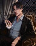  1boy artist_name black_hair black_suit chair cup curtains formal grey_shirt highres holding holding_cup indoors lauregal levi_(shingeki_no_kyojin) looking_at_viewer male_focus realistic shingeki_no_kyojin shirt sitting solo suit teacup window 