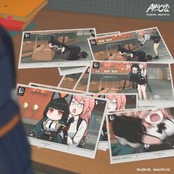  ! 2girls animal_ears anucha_cg artist_name black_skirt black_thighhighs box breasts camera carrying expressionless fox_ears fox_girl full_body glasses hello_street_cat highres hoshimi_miyabi large_breasts long_hair miniskirt motion_blur mr._fresh multiple_girls multiple_views open_mouth pink_hair prosthesis prosthetic_arm red_eyes shirt skirt sweatdrop sword thick_thighs thigh-highs thighs tsukishiro_yanagi very_long_hair weapon white_shirt zenless_zone_zero 