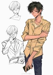  1boy absurdres adjusting_eyewear artist_name black_hair black_pants blazer book bright_pupils casual cellphone chinese_commentary closed_mouth collarbone collared_shirt commentary_request cropped_shoulders cropped_torso crossed_legs expressionless glasses grey_eyes hand_on_eyewear hand_on_own_arm highres holding holding_book holding_phone jacket jewelry lapels light_smile lineart long_sleeves looking_to_the_side male_focus multiple_views necklace necktie notched_lapels ootori_kyouya open_book ouran_high_school_host_club ouran_high_school_uniform pants partially_colored phone school_uniform semi-rimless_eyewear shirt short_hair simple_background sketch sleeve_pushed_up sleeves_past_elbows smartphone smile three_quarter_view under-rim_eyewear very_short_hair watermark weibo_watermark white_background white_pupils white_undershirt xt1125cj yellow_shirt 