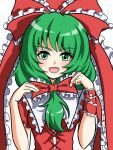  1girl adjusting_clothes bow bowtie dress green_eyes green_hair hair_bow highres kagiyama_hina looking_at_viewer open_mouth red_bow red_bowtie red_dress short_sleeves smile solo touhou white_background zheng3008451858 