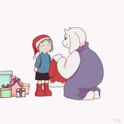 1girl 1other 2021 2d ambiguous_gender animated animated_gif anthro artist_name blue_shirt boots box brown_hair chimo_(utdt_game) christmas christmas_present digital_media duo female floppy_ears frisk_(undertale) fur fur-trimmed_jacket fur_trim furry furry_female gift gift_box goat goat_ears goat_girl goat_horns grin horns human jacket kneeling mammal monster monster_girl pale_background red_boots red_jacket santa_hat short_hair shorts simple_background smile spinning spread_arms striped striped_shirt teeth toriel undertale utdr_(toby_fox) white_fur white_horns