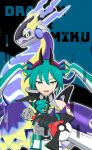  1girl absurdres aqua_hair black_gloves blue_background blue_eyes claw_pose collared_shirt dragon_miku_(project_voltage) eyelashes fake_horns fingernails gloves grey_shirt hair_between_eyes hatoro_kuroyoshi hatsune_miku highres holding holding_sword holding_weapon horns long_hair lower_teeth_only miraidon open_mouth pokemon pokemon_(creature) project_voltage sharp_fingernails shirt shoulder_tattoo sword tattoo teeth twintails vocaloid weapon 