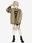  1girl ankle_boots arm_up black_footwear black_shirt boots bottle brown_eyes brown_shorts closed_mouth collared_jacket full_body highres holding holding_bottle jacket key light_brown_hair long_sleeves looking_at_viewer original sakauchi_waka shirt short_hair shorts simple_background sleeves_past_fingers sleeves_past_wrists solo striped striped_shirt tachi-e two-tone_shirt white_background yellow_shirt 