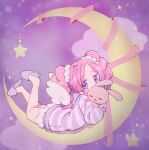  1girl aikatsu! aikatsu!_(series) amahane_madoka bare_legs clouds commentary crescent_moon gradient_eyes highres holding holding_stuffed_toy long_sleeves looking_at_viewer lying moon multicolored_eyes on_stomach pajamas parted_bangs pink_hair purple_background purple_pajamas scrunchie slippers solo star_(symbol) stuffed_animal stuffed_rabbit stuffed_toy toon_(noin) twintails violet_eyes wings 