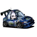  1girl absurdres azur_lane car driving english_commentary enterprise_(azur_lane) enterprise_(wind_catcher)_(azur_lane) grey_eyes highres holeecrab looking_to_the_side motor_vehicle official_alternate_costume ponytail race_vehicle racecar radio_antenna shadow simple_background smile solo spoiler_(automobile) stance_(vehicle) subaru_(brand) subaru_impreza vehicle_focus white_background 