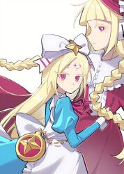  2girls blonde_hair blue_dress dress facial_mark forehead_mark highres long_hair looking_at_viewer mahou_shoujo_ni_akogarete multiple_girls nero_alice pink_dress qixiaqiu362 violet_eyes white_background 