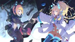  absurdres astronaut blonde_hair blue_eyes blue_hair breasts camouflage commission commissioner_upload earth_(planet) gloves gradient_hair headset helmet highres holding in_orbit indie_virtual_youtuber long_hair multicolored_hair neo_universe_(umamusume) non-web_source open_mouth planet space space_helmet space_shuttle spacecraft spacesuit stella_(stella) uma_stars_(umamusume) umamusume virtual_youtuber zero_gravity zeta_(vtuber) zeta_(vtuber)_(1st_costume) 