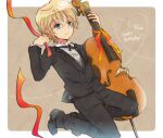  1boy black_pants black_suit blonde_hair blue_eyes brown_background cello formal full_body happy_birthday instrument la_corda_d&#039;oro male_focus pants ribbon shimizu_keiichi short_hair solo suit yokutaso 