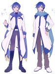  1boy arm_at_side blue_eyes blue_hair blue_nails blue_scarf commentary fingernails grey_pants hand_on_own_hip headset highres kaito_(vocaloid) long_sleeves male_focus pants parang_99 scarf short_hair simple_background sparkle standing star_(symbol) vocaloid white_background 