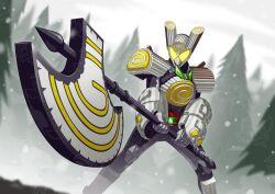  1boy absurdres armor axe battle_axe belt bushuel cake food gauntlets gochizo highres kamen_rider kamen_rider_gavv kamen_rider_gavv_(series) male_focus otokamu weapon yule_log_(cake) 