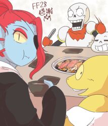 2016 2boys 2d 2girls :t alphys alternate_costume anthro bare_shoulders blue_jacket blue_skin bowl brothers cape chewing clenched_hands digital_media dress female fish fish_girl food friends glasses gloves grill hair hair_over_one_eye high_ponytail hitting holding holding_bowl holding_tongs humanoid jacket lizard lizard_girl long_hair long_sleeves looking_at_viewer male meat monster monster_boy monster_girl open_mouth papyrus_(undertale) plate ponytail red_cape red_gloves red_hair reptile reptile_girl sans_(undertale) scalie siblings simple_background skeleton table tongs undead undertale undyne utdr_(toby_fox) white_background yellow_skin yiren