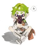  1girl full_body green_hair hands_up highres holding holding_phone inkling inkling_girl ma_fu phone red_eyes short_eyebrows short_hair simple_background sitting solo splatoon_(series) spoken_squiggle squiggle strap white_footwear 