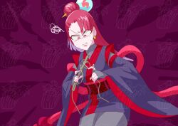  1girl absurdres breasts commentary_request detached_sleeves earrings eyeshadow fingerless_gloves gloves hair_ornament hairpin highres japanese_clothes jewelry kimono lipstick long_hair makeup otokamu precure red_eyes redhead short_kimono watermark wonderful_precure! zakuro_(precure) 