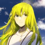  1other androgynous bird blue_sky blurry blurry_background closed_mouth clouds cloudy_sky day enkidu_(fate) fate/grand_order fate/strange_fake fate_(series) gangan_arjun green_hair grey_eyes hair_between_eyes lens_flare light_particles long_hair looking_at_viewer outdoors robe sky smile solo sunlight twitter_username upper_body white_bird white_robe 