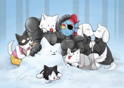 2016 2d 3girls 4boys animal anthro armor black_eyepatch black_hair black_robe blue_skin breastplate couple digital_media dog dog_boy dog_ears dog_girl dog_tail dogamy dogaressa doggo_(undertale) ear_fins eyepatch female fins fish fish_girl furry furry_female furry_male gauntlets greater_dog head_fins hetero husband_and_wife lesser_dog long_hair monster monster_girl multiple_boys multiple_girls outdoors red_hair robe snow tail temmie tongue tongue_out undertale undyne utdr_(toby_fox) white_fur yiren