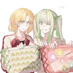  2girls bang_dream! blonde_hair clenched_teeth commentary_request feiyu30903448 green_eyes green_hair highres itabag jacket long_hair multicolored_hair multiple_girls nyubara_reona one_eye_closed open_mouth parted_lips red_jacket sato_masuki short_hair sidelocks simple_background teeth twintails two-tone_hair upper_body white_background white_hair yellow_eyes 