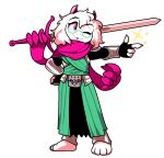1boy barefoot bracer deltarune discommunicator dungeons_and_dragons fingerless_gloves full_body furry glasses gloves goat_boy hand_on_own_hip holding holding_sword holding_weapon male male_only pink_eyes pink_horns pink_scarf pointing ralsei scarf sparkle standing sword tongue tongue_out weapon