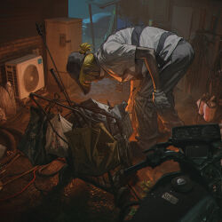  1boy air_conditioner bag baseball_cap black_pants blonde_hair box chain-link_fence fence gloves hat highres leaning_forward male_focus motor_vehicle motorcycle original outdoors pants ponytail scenery shirt short_hair short_ponytail short_sleeves solo standing trash_bag wang-xi watch white_shirt 