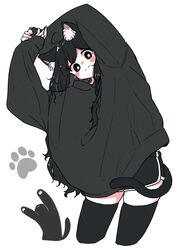  ahoge animal_ears animal_hands arms_up black_eyes black_hair black_hoodie black_shorts blush cat cat_ears cat_paws cat_tail highres hood hoodie long_hair megateru messy_hair original oversized_clothes own_hands_together shorts simple_background skindentation smile tail tareme thigh-highs very_long_hair wavy_hair white_background 