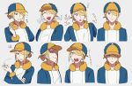  ! 1boy blonde_hair closed_eyes closed_mouth cropped_torso expressions fur-trimmed_jumpsuit fur_trim ginkgo_guild_uniform giyyaaa grey_background grey_eyes hair_over_one_eye hat highres jumpsuit laughing male_focus multiple_views open_mouth pokemon pokemon_(game) pokemon_legends:_arceus simple_background squiggle sweat translation_request volo_(pokemon) 